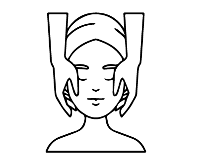 Illustration of a person with hands on their face, symbolizing a simple routine of cleansing, hydration, and sun protection, with 2 liters of water and citrus fruits for results in 4-6 weeks.