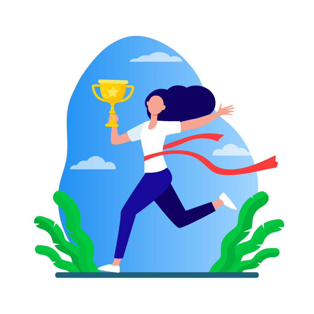 Illustration of a person running with a golden trophy and red ribbon, symbolizing the celebration of achievements and consistent motivation, with a sky and vegetation background.