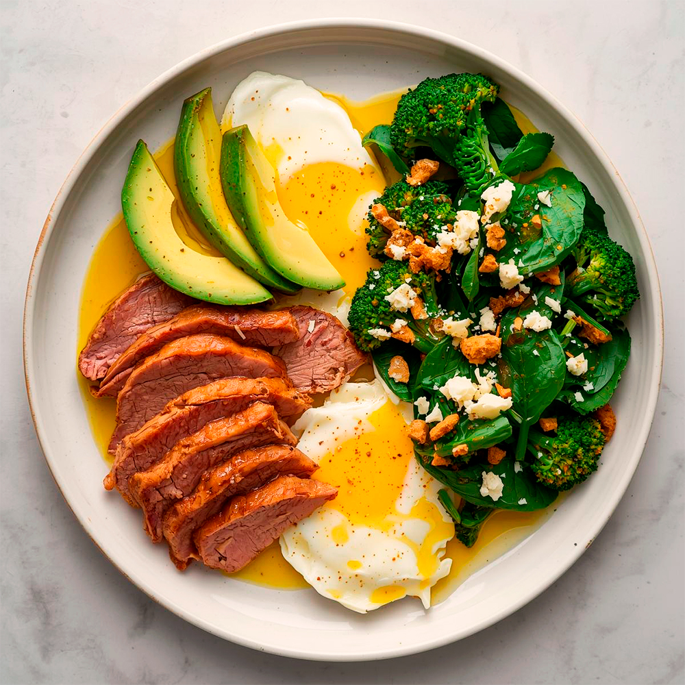 Low carb diet plate featuring lean meat, sunny-side-up eggs, avocado, and spinach with broccoli, highlighting quick weight loss and prolonged satiety.