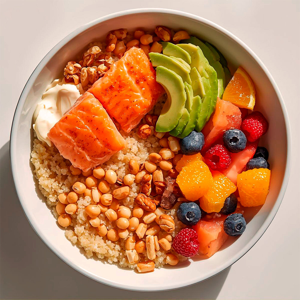 Mediterranean diet plate with quinoa, salmon, avocado, nuts, and fresh fruits, promoting heart health and sustainable weight loss.