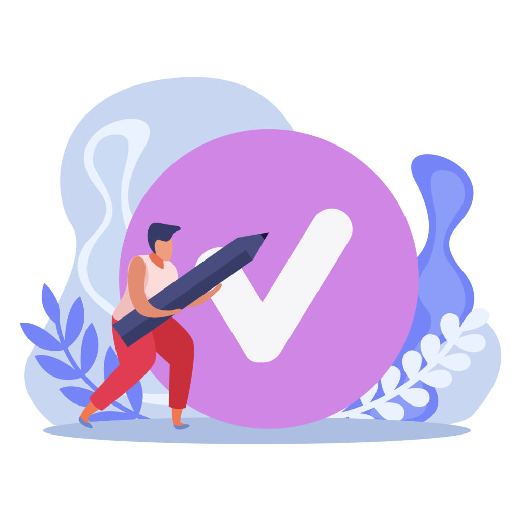 Illustration of a person drawing a large check mark on a purple circle, representing positive urgency and consistency in achieving goals in 30 days, with decorative leaves in the background.
