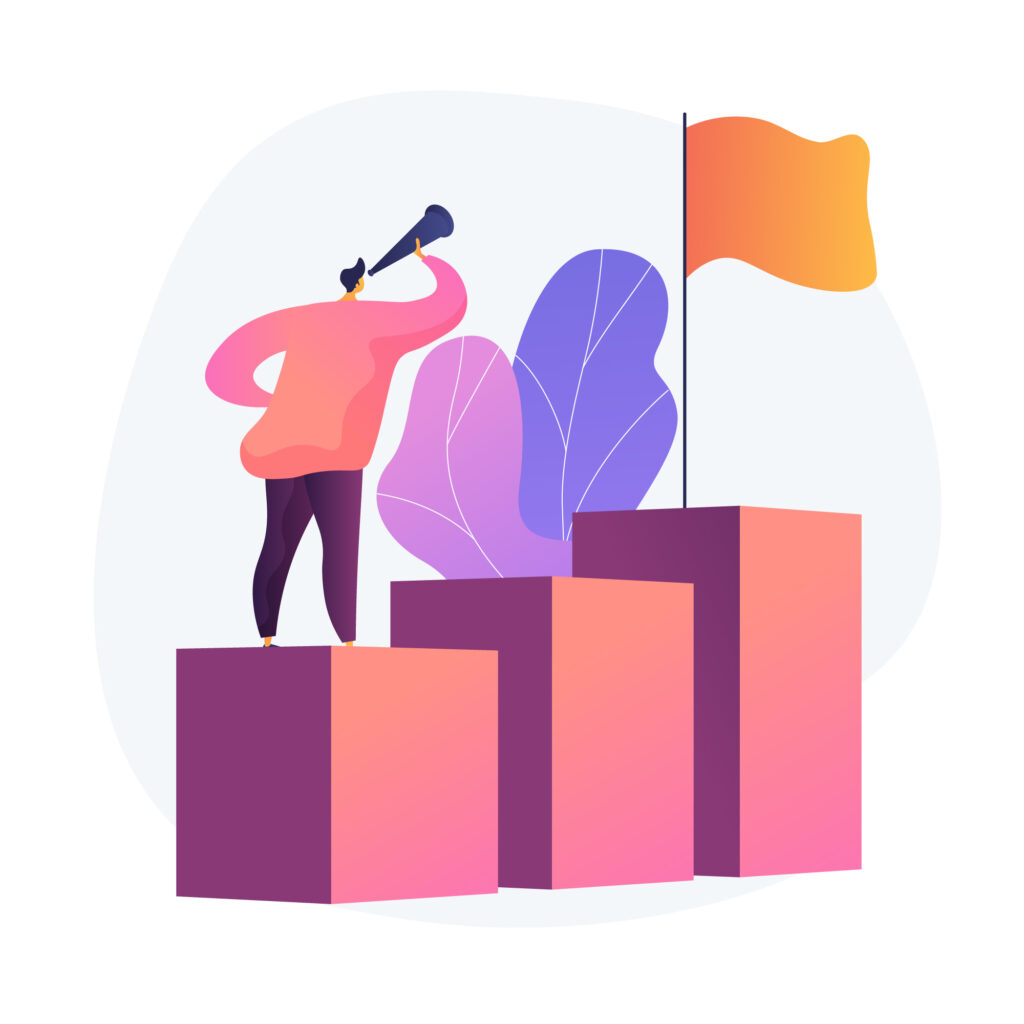 Illustration of a person looking at an orange flag on top of blocks, symbolizing small goals and consistent progress, with motivational elements in the background.
