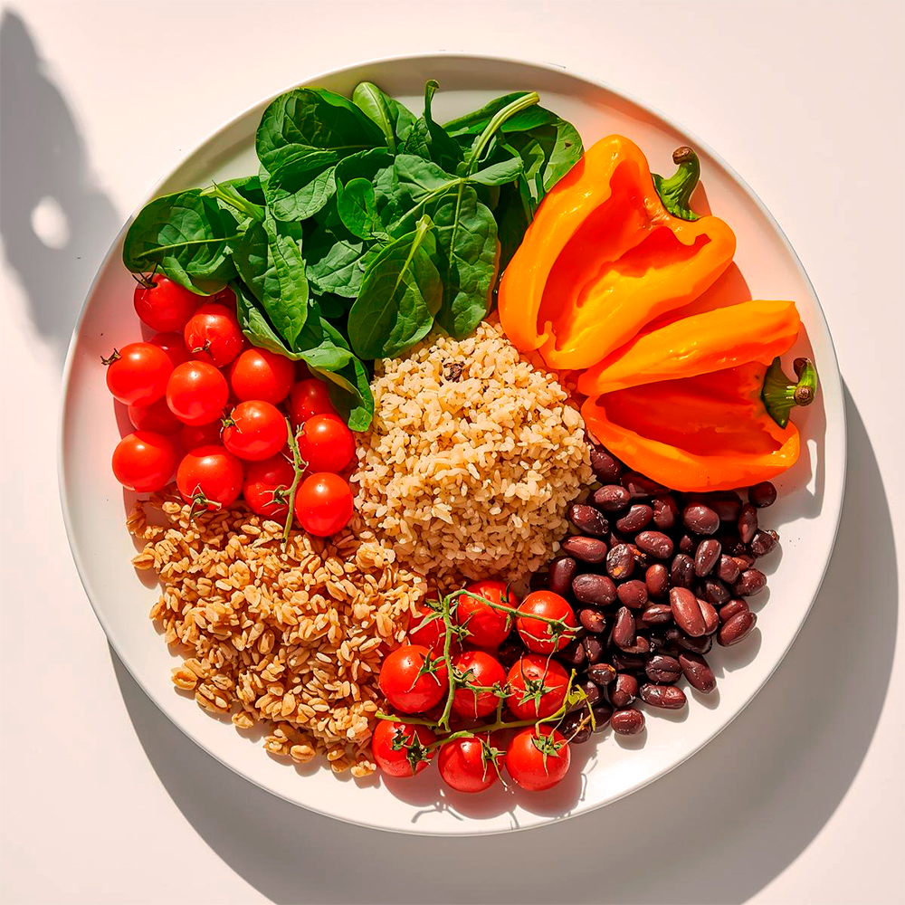 Vegan diet plate with grains, legumes, and colorful vegetables, offering high fiber, low bad fats, and a sustainable lifestyle. Nome da imagem (pt-BR): prato-dieta-vegana