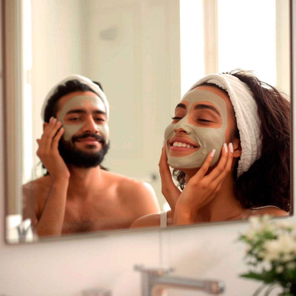 A couple applying face masks, representing the skin health and immunity benefits of Vitamin A