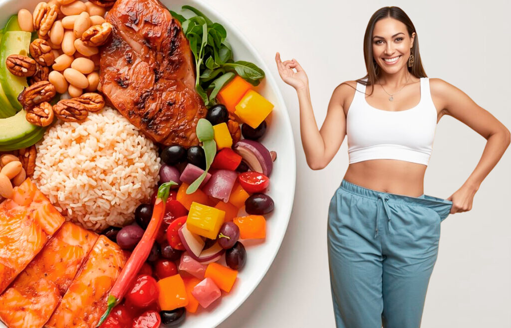 A plate of healthy food featuring salmon, grilled chicken, avocado, nuts, beans, and colorful vegetables, alongside a person displaying progress in weight loss, representing low-carb, keto, Mediterranean, and vegan diets.
