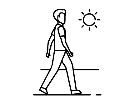Illustration of a person walking with the sun in the background, representing walking or yoga, a diet with proteins and fibers, and healthy weight loss of 0.5-1kg per week with weekly tracking.