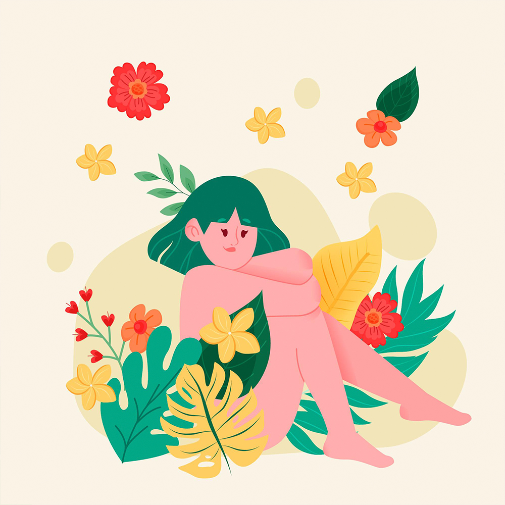Illustration of serene woman among flowers, symbolizing climacteric as a phase of hormonal changes from perimenopause to postmenopause