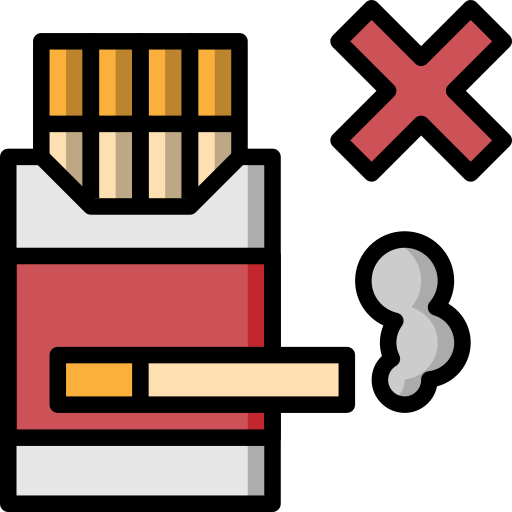 Cigarette icon with a prohibition sign next to a meditating silhouette, illustrating smoking reduction and stress management to balance hormones and protect the prostate, with elements of restorative sleep and emotional well-being.