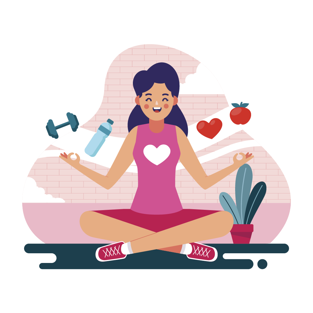 Illustration of woman doing yoga with dumbbells, fruits, and water, promoting healthy habits to relieve menopause symptoms and improve quality of life.
