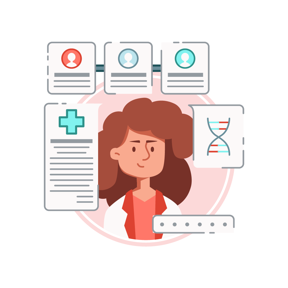 Illustration of woman with medical icons like DNA and records, representing therapeutic options to relieve menopause symptoms.