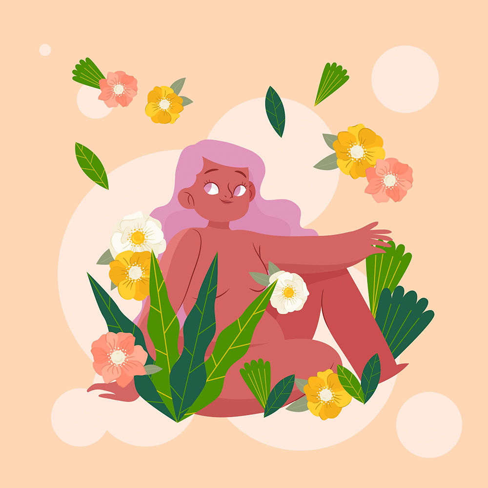Illustration of mature woman with flowers, symbolizing menopause as a natural milestone ending fertility, like puberty in reverse.
