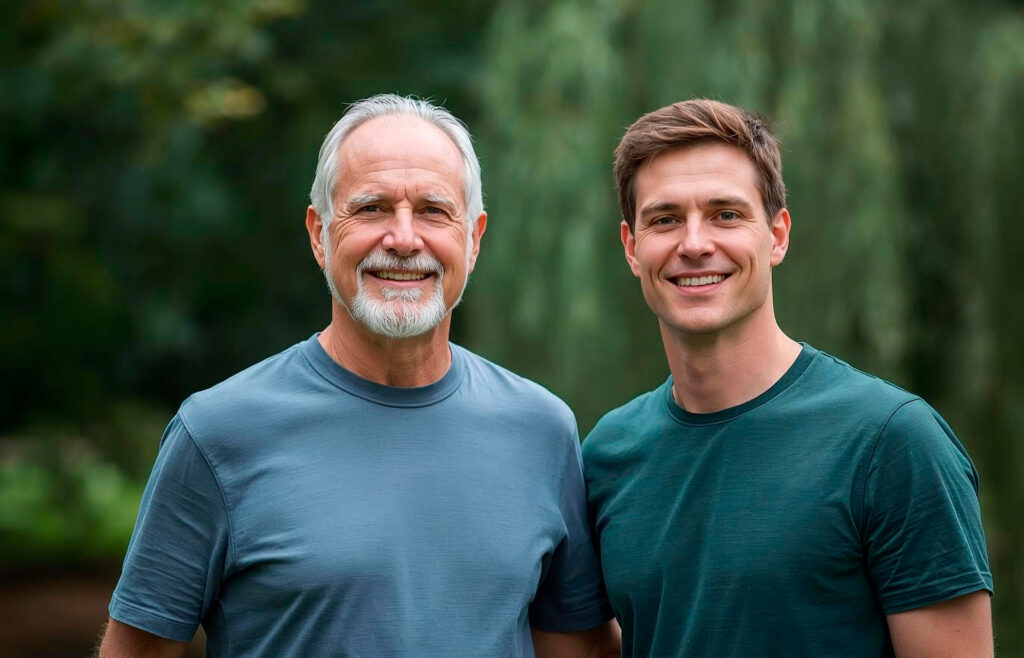 Father around 50 and son around 30 smiling in a park with greenery, wearing blue and dark green solid shirts, representing family vitality and muscle-building benefits for men's health in 2025.