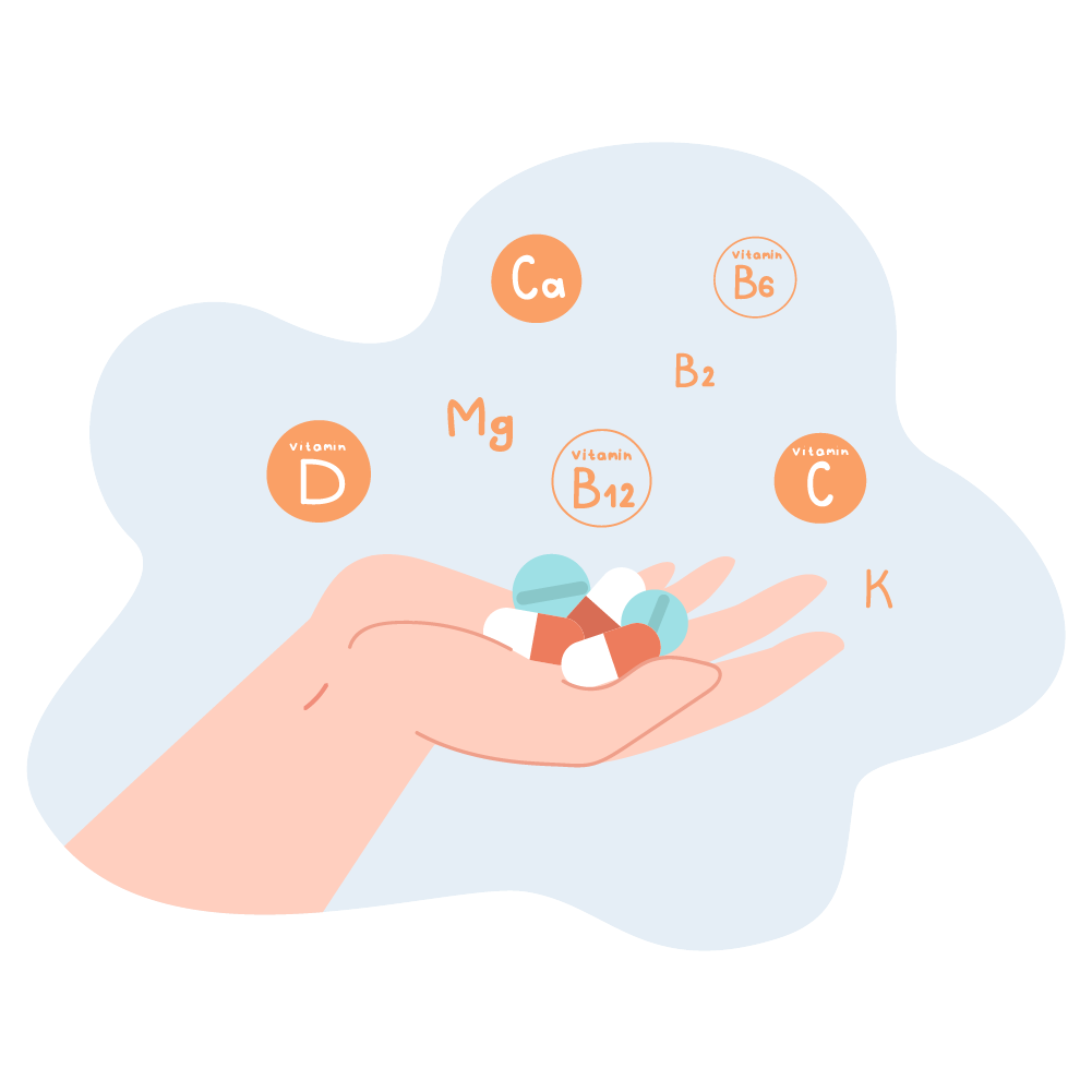 Illustration of hand holding supplements with vitamins (C, D, B12) and minerals (Ca, Mg), recommended for natural relief of menopause symptoms.
