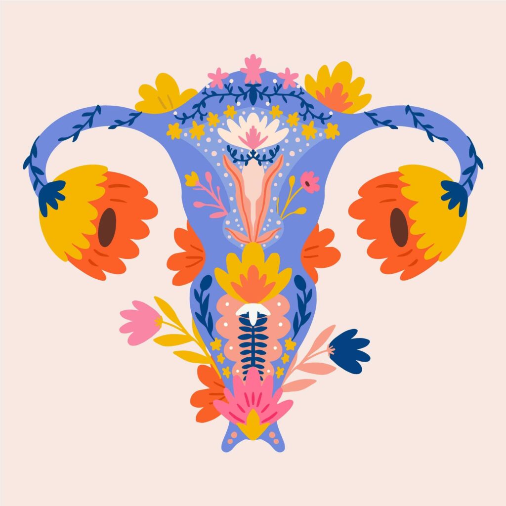 Delicate floral art of a stylized vulva in shades of blue, orange, and pink with petals, leaves, and intricate patterns, representing care for feminine intimate health as an act of deep self-affection and full sexual quality of life.