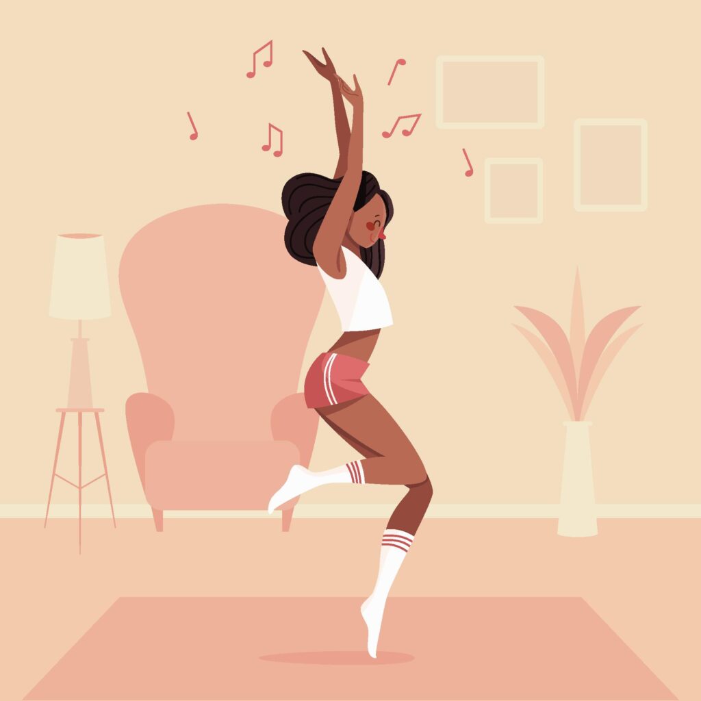 Graceful Black woman dancing with musical notes swirling around, in red shorts and white top in a cozy pink room, illustrating the gentle link between women's sexual well-being, beauty, confidence, and the body in harmonious motion.