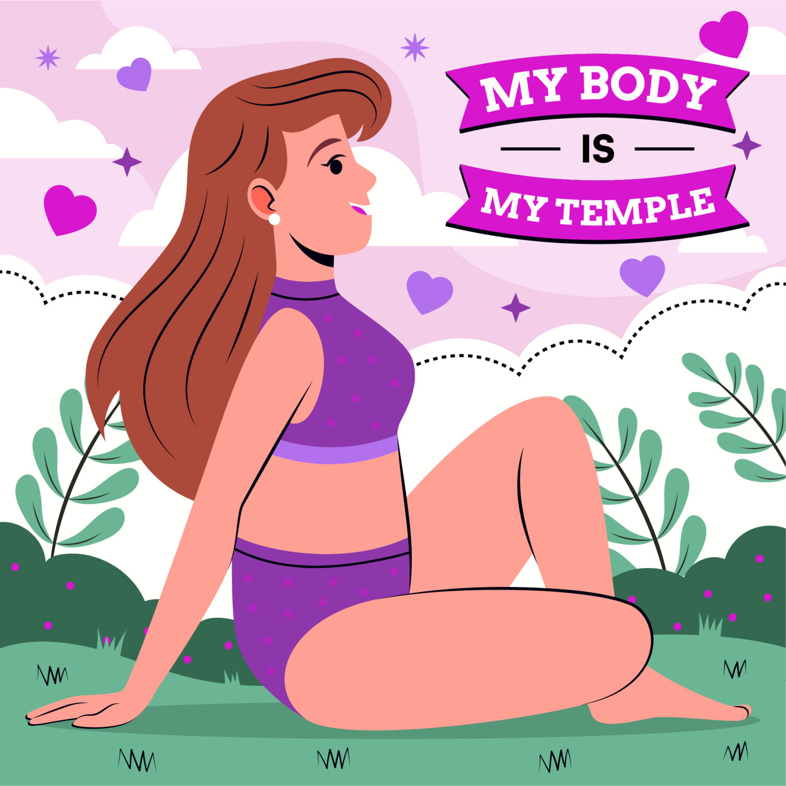 Vibrant illustration of a smiling redhead woman in a purple swimsuit sitting on grass with a "My Body My Temple" banner and floating hearts, symbolizing self-care in feminine intimate health as an act of self-affection and holistic well-being.